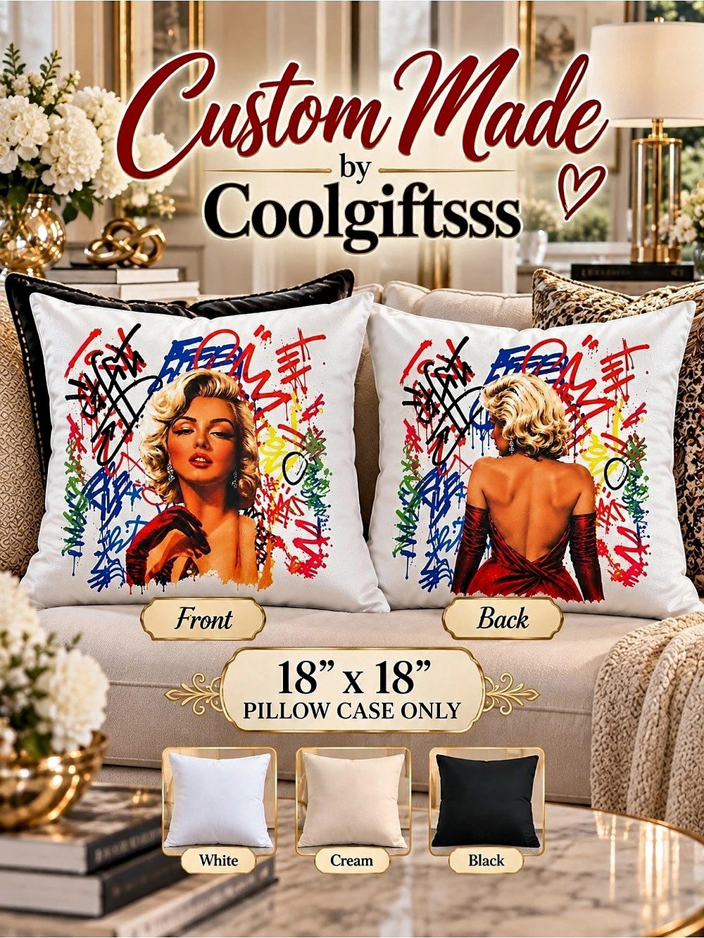 Custom Marilyn Monroe Pillow Cover 18x18 | Front & Back Design | Coolgiftsss